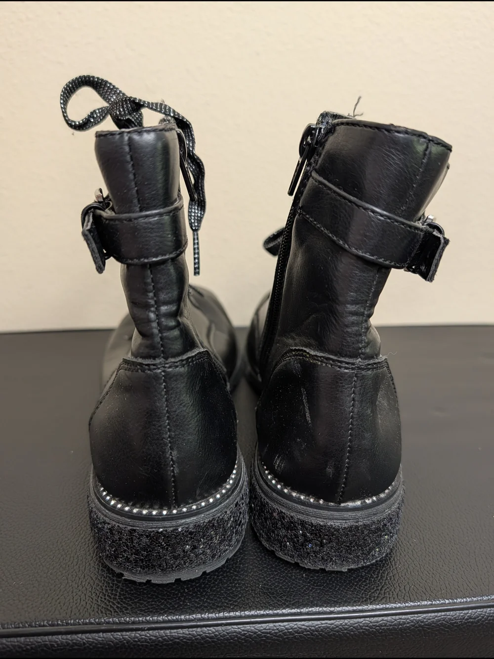 SO Lilliana Black Combat Boots Glitter Sole Trim Buckle Detail Girls Size 6